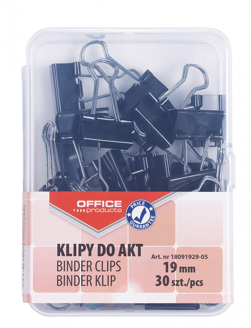 Klipy do dokumentów OFFICE PRODUCTS, 19mm, 30szt., w pudełku, czarne, Klipy, Drobne akcesoria biurowe