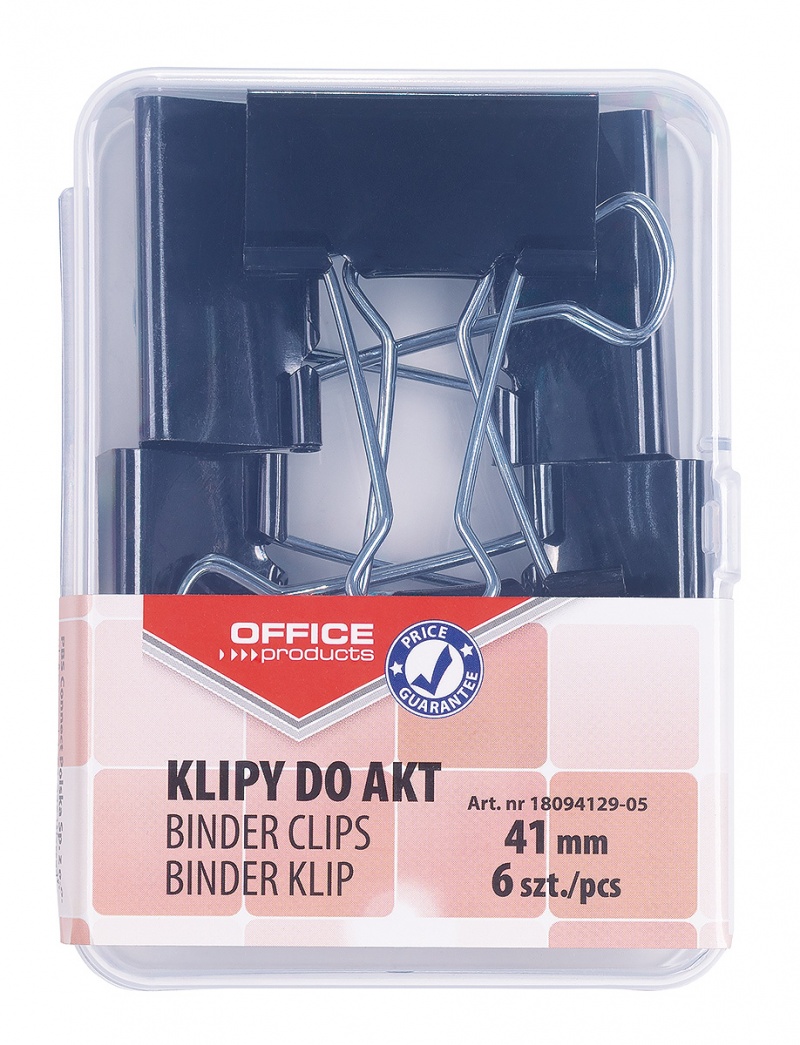 Klipy do dokumentów OFFICE PRODUCTS, 41mm, 6szt., w pudełku, czarne, Klipy, Drobne akcesoria biurowe