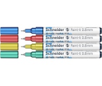 Marker akrylowy SCHNEIDER Paint-It Metallic, 0,8 mm, etui 4 szt., niebieski, czerowny, żółty, zielony, Markery, Artykuły do pisania i korygowania