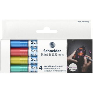 Marker akrylowy SCHNEIDER Paint-It Metallic, 0,8 mm, etui 4 szt., niebieski, czerowny, żółty, zielony, Markery, Artykuły do pisania i korygowania