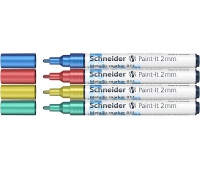 Marker akrylowy SCHNEIDER Paint-It Metallic, 2 mm, etui 4 szt., niebieski, czerowny, żółty, zielony, Markery, Artykuły do pisania i korygowania
