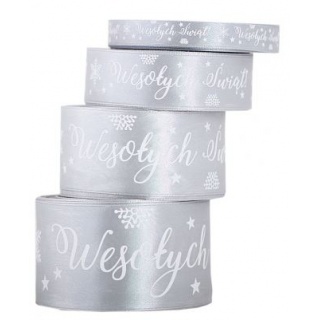 Wstążka satyna Wesołych Świąt 25mm/22mb, srebrna, Podkategoria, Kategoria
