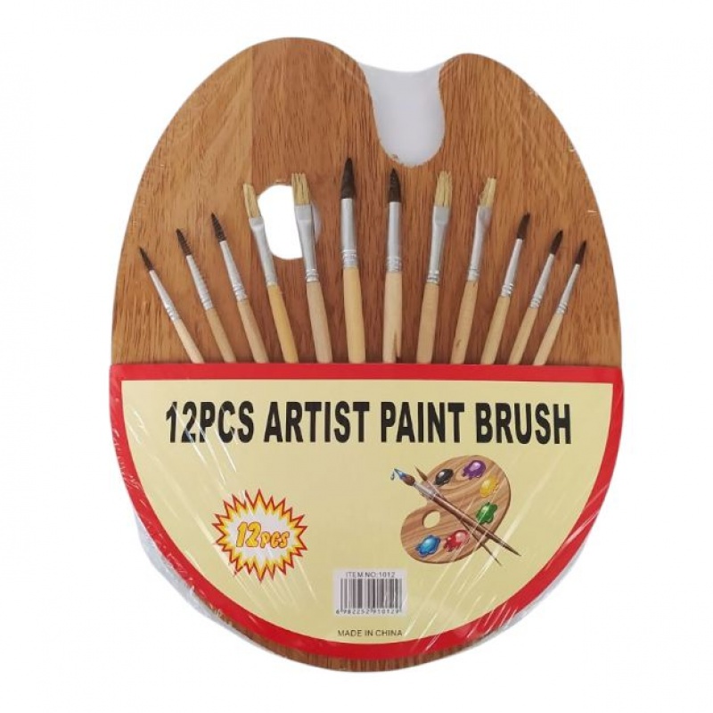 ZESTAW 12 PĘDZLI Z WŁOSIA+DREWNIANA PALETKA, Pędzle, Plastyka