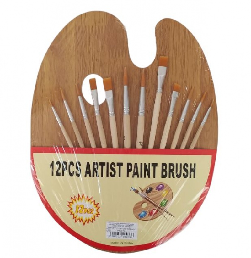 ZESTAW 12 PĘDZLI ARTYSTYCZNYCH+DREWNIANA PALETKA, Pędzle, Plastyka
