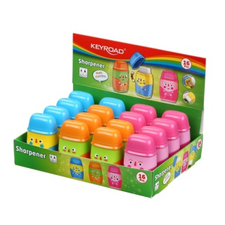 Temperówka plastikowa KEYROAD Hello, z gumką, podwójna, z pojemnikiem, display, mix kolorów, Temperówki, Artykuły do pisania i korygowania