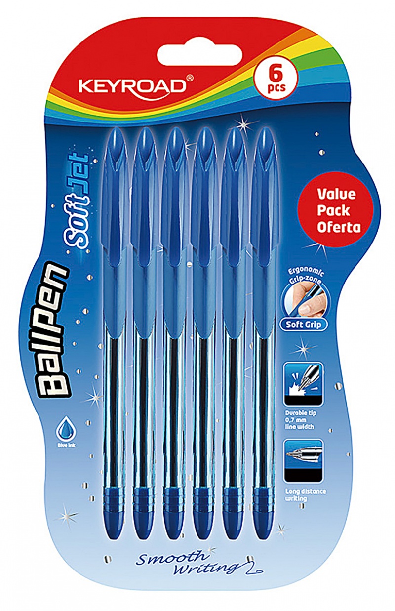 Długopis klasyczny KEYROAD Ball Pen Soft Jet, 0,7 mm, 6 szt., blister, niebieski, Długopisy, Artykuły do pisania i korygowania