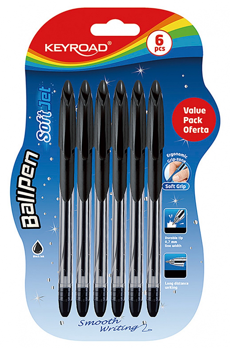 Długopis klasyczny KEYROAD Ball Pen Soft Jet, 0,7 mm, 6 szt., blister, czarny, Długopisy, Artykuły do pisania i korygowania