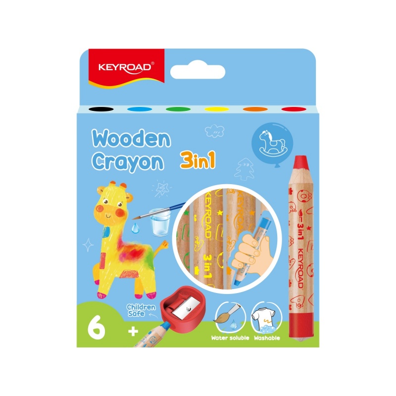 Wax crayons KEYROAD Colorix 3 in 1, Jumbo, with sharpener, 6 pcs, Art., School supplies