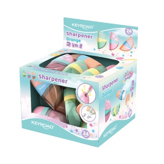 Temperówka KEYROAD Orange, plastikowa, 2w1, z gumką, display, mix kolorów, Temperówki, Artykuły do pisania i korygowania