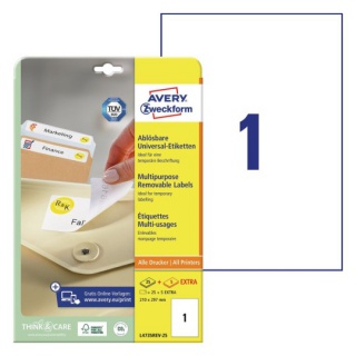 ETYKIETY UNIWERSALNE USUWALNE A4 210x297mm.25+5ark AVERY ZWECKFORM, Etykiety samoprzylepne i inne, Galanteria papiernicza
