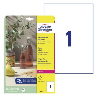 ETYKIETY PRZEZROCZYSTE A4 210x297mm.25ark. AVERY ZWECKFORM, Etykiety samoprzylepne i inne, Galanteria papiernicza