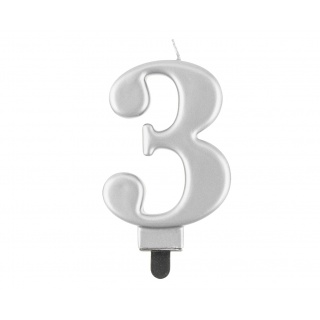 ŚWIECZKA B&C CYFERKA "3" METALIK SREBRNA 8CM., Podkategoria, Kategoria