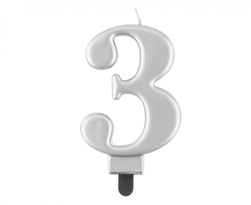 ŚWIECZKA B&C CYFERKA "3" METALIK SREBRNA 8CM., Podkategoria, Kategoria
