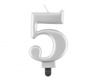 ŚWIECZKA B&C CYFERKA "5" METALIK SREBRNA 8CM., Podkategoria, Kategoria