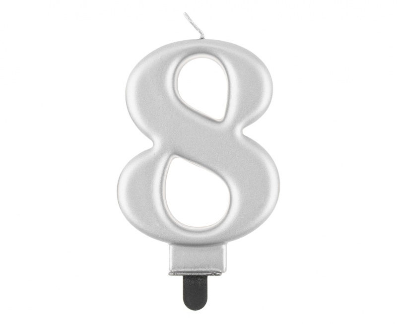 ŚWIECZKA B&C CYFERKA "8" METALIK SREBRNA 8CM., Podkategoria, Kategoria
