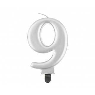 ŚWIECZKA B&C CYFERKA "9" METALIK SREBRNA 8CM., Podkategoria, Kategoria