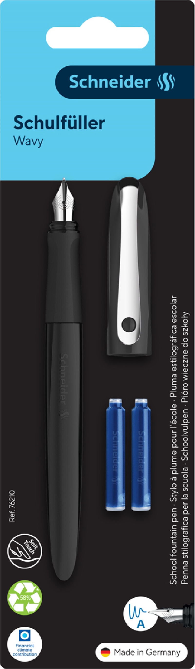 Pi&oacute;ro wieczne SCHNEIDER Wavy, 2 naboje, mix kolor&oacute;w, blister, Pi&oacute;ra, Artykuły do pisania i korygowania