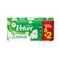 Cellulose toilet paper VELVET Chamomile and Aloe Vera, 3-layer, 8+2pcs, white
