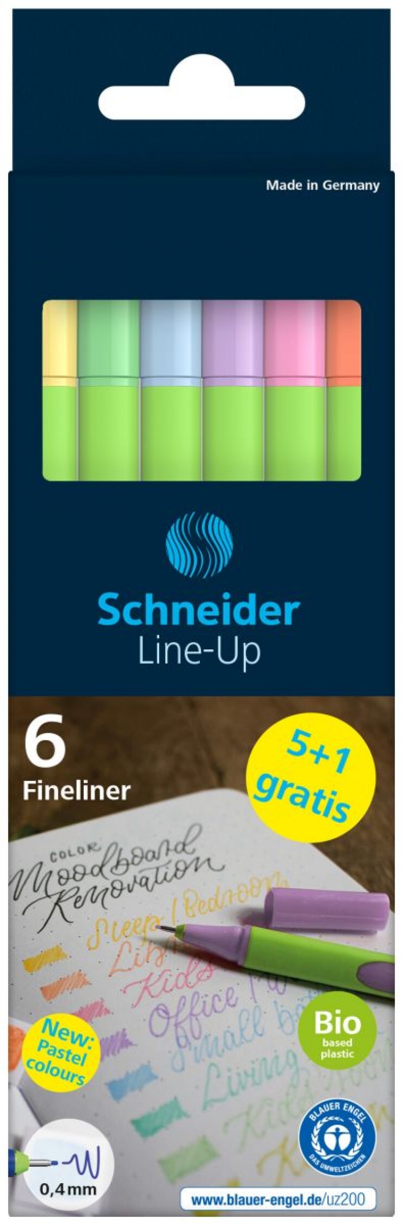 Cienkopis SCHNEIDER LINE-UP PASTEL, 0,4mm, 6 szt, pudełko z zawieszką, mix kolorów, Cienkopisy, Artykuły do pisania i korygowania