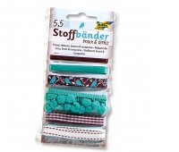 Fabric ribbons, brown and turquoise, 6 pcs