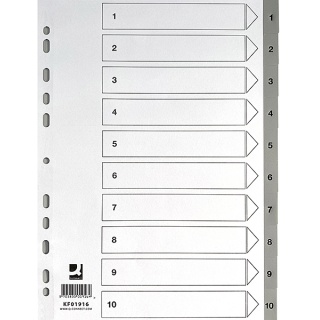 Przekładki Q-CONNECT, PP, A4, 225x297mm, 1-10, 10 kart, szare, Przekładki polipropylenowe, Archiwizacja dokumentów