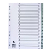 Przekładki Q-CONNECT, PP, A4, 225x297mm, 1-31, 31 kart, szare, Przekładki polipropylenowe, Archiwizacja dokumentów