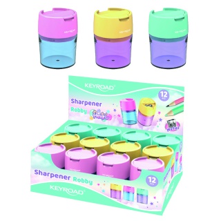 Temperówka plastikowa KEYROAD, pastel, podwójna, z pojemnikiem, display, mix kolorów, Temperówki, Artykuły do pisania i korygowania