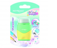 Temperówka plastikowa z gumką KEYROAD, pastel, podwójna, blister, mix kolorów, Temperówki, Artykuły do pisania i korygowania