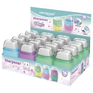 Temperówka plastikowa z gumką KEYROAD, pastel, podwójna, pudełko, mix kolorów, Temperówki, Artykuły do pisania i korygowania