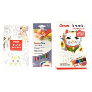 KREDKI OŁÓWKOWE PENTEL 12KOL.CB8-12+LEKCJE RYSUNKU, Zestawy, Art. do pisania i korygowania