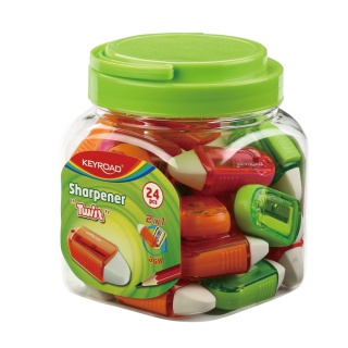 Temperówka plastikowa KEYROAD z gumką, Twist, pojedyńcza, w plastikowej tubie, Temperówki, Artykuły do pisania i korygowania
