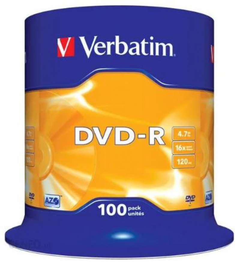 PŁYTY DVD-R VERBATIM 4,7GB 16X CAKE 100szt.43549, Podkategoria, Kategoria