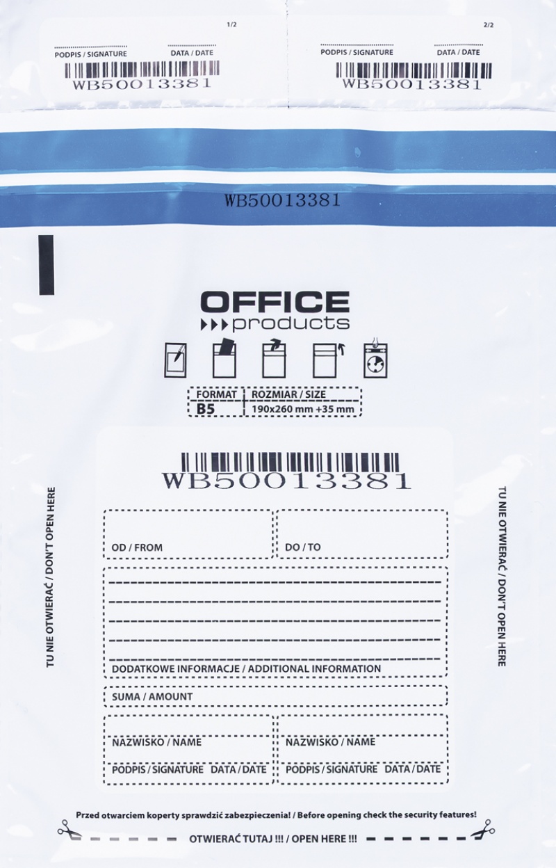 Koperta bezpieczna OFFICE PRODUCTS, B5, 190x260mm, 50szt., biała, Koperty, Koperty i akcesoria do wysyłek