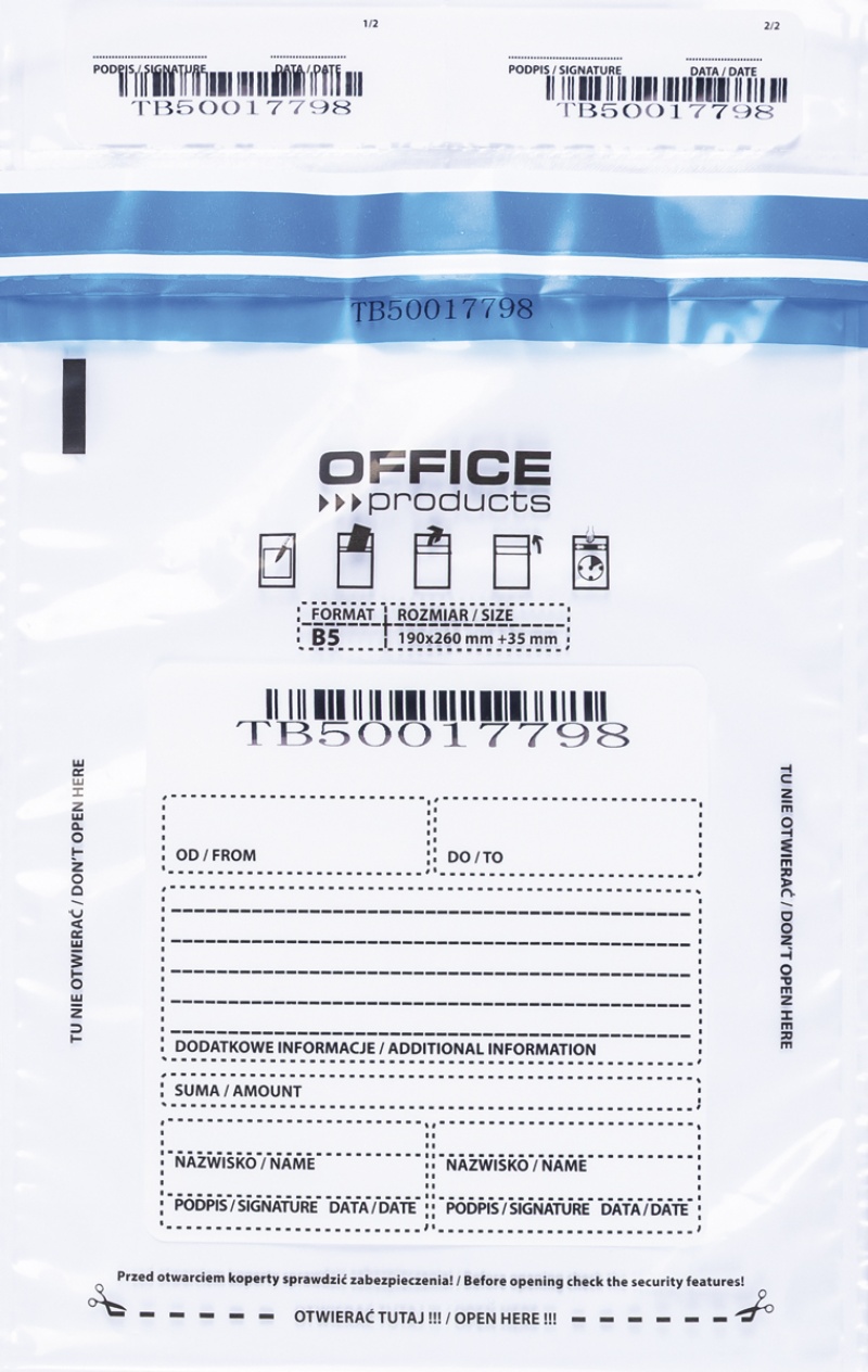 Koperta bezpieczna OFFICE PRODUCTS, B5, 190x260mm, 50szt., transparentna, Koperty, Koperty i akcesoria do wysyłek