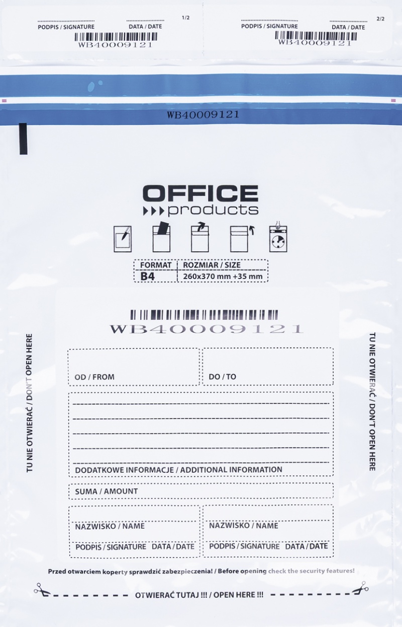 Koperta bezpieczna OFFICE PRODUCTS, B4, 255x340mm, 50szt., biała, Koperty, Koperty i akcesoria do wysyłek