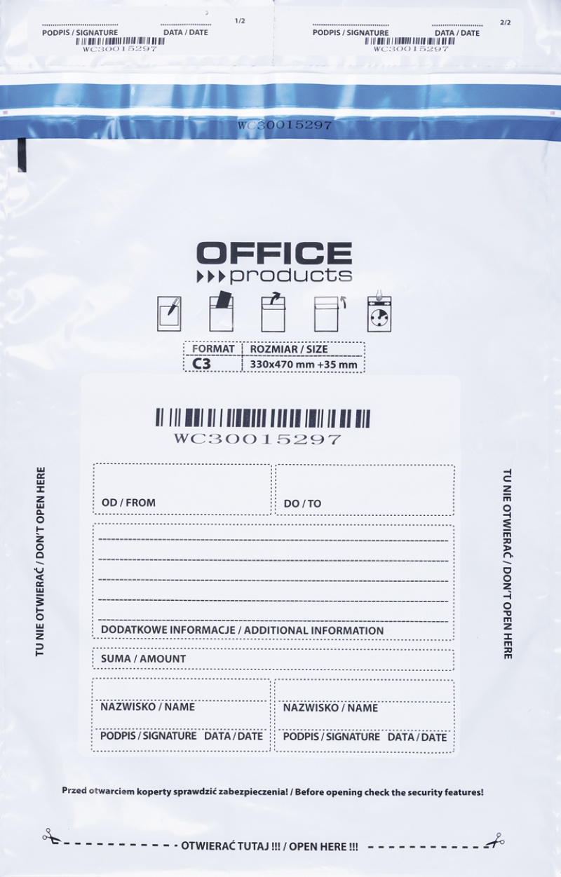 Koperta bezpieczna OFFICE PRODUCTS, C3, 330x470mm, 50szt., biała, Koperty, Koperty i akcesoria do wysyłek