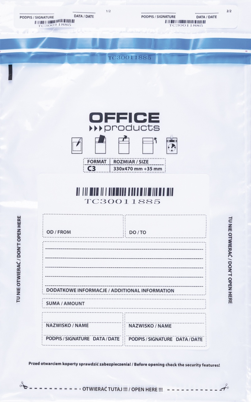 Koperta bezpieczna OFFICE PRODUCTS, C3, 330x470mm, 50szt., transparentna, Koperty, Koperty i akcesoria do wysyłek