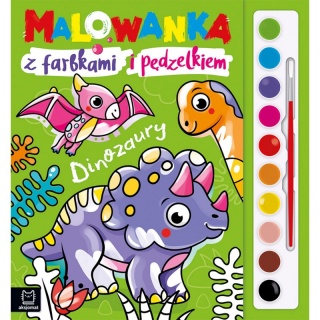Malowanka z farbkami i pędzelkiem. Dinozaury, Kolorowanki, Książeczki