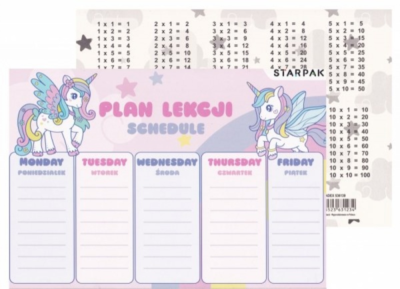 PLAN LEKCJI + TABLICZKA MNOŻENIA A5 UNICORN /25/, Okładki i dodatki, Zeszyty i bloki