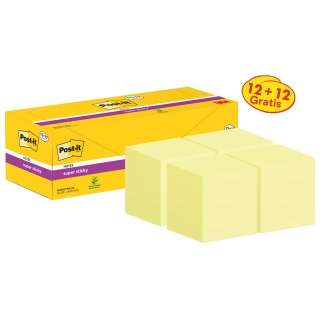 Karteczki samoprzylepne POST-IT Super Sticky, 76x76mm, 90 kart./bloczek, 12 + 12 bloczk&oacute;w GRATIS, kanarkowo ż&oacute;łte, Bloczki samoprzylepne, Papier i etykiety