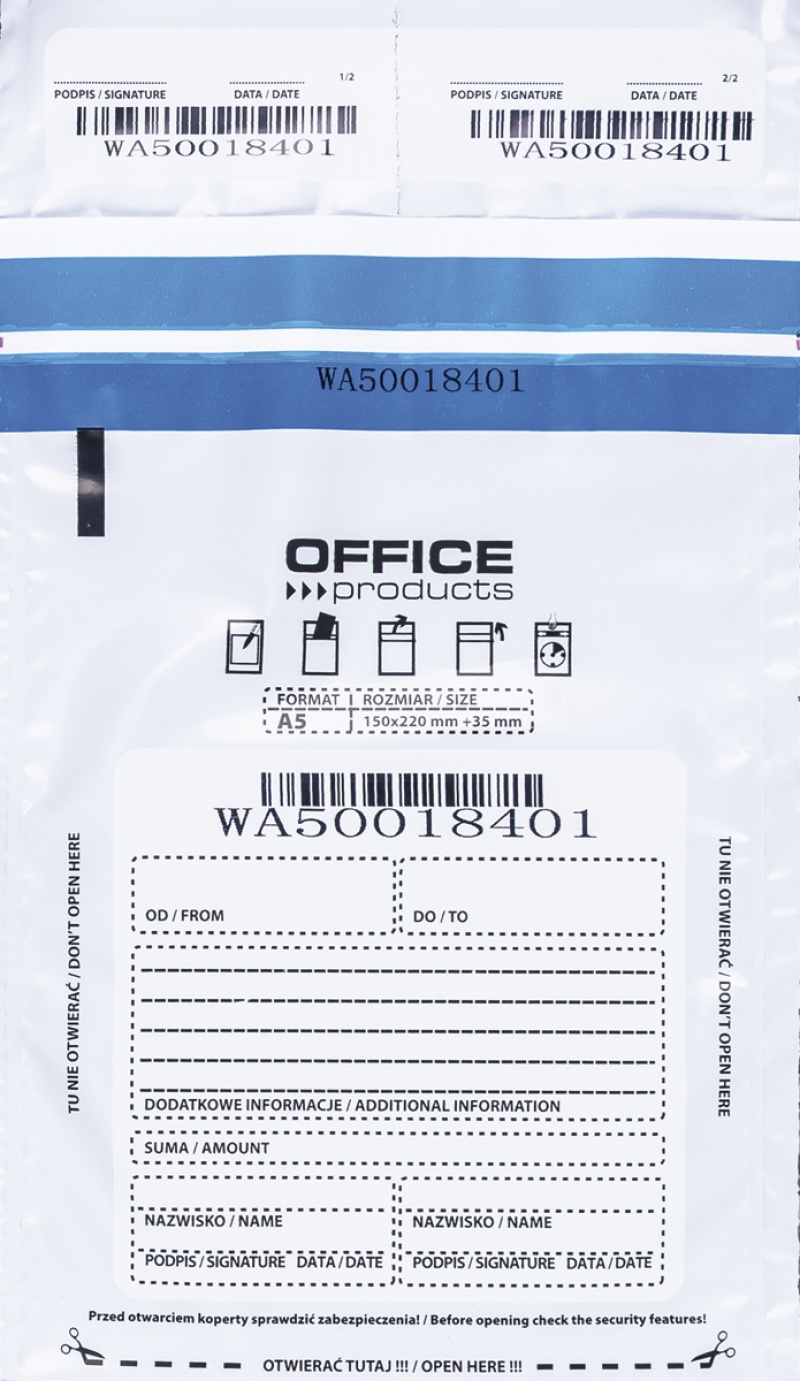 Koperta bezpieczna OFFICE PRODUCTS, M5, 150x220mm, 50szt., biała, Koperty, Koperty i akcesoria do wysyłek