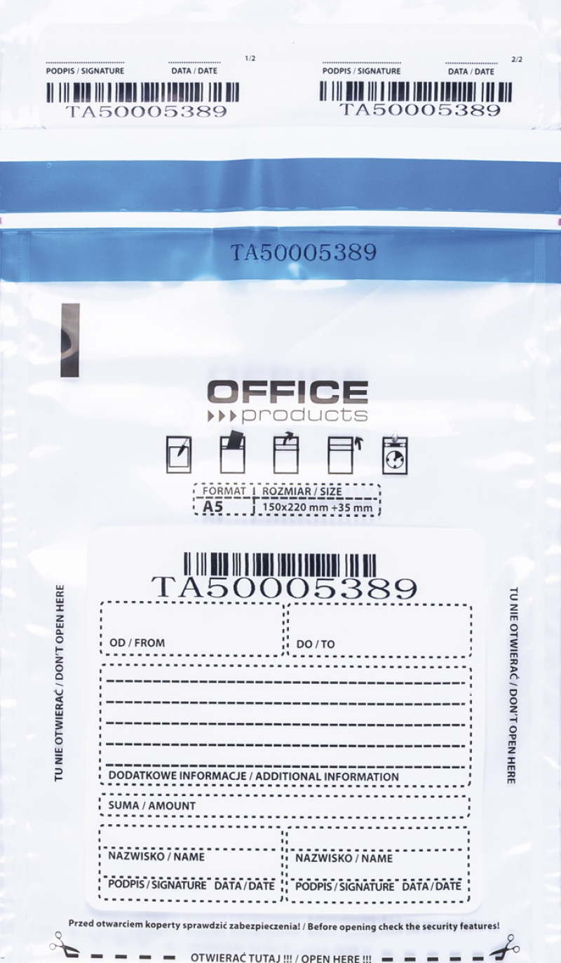 Koperta bezpieczna OFFICE PRODUCTS, M5, 150x220mm, 50szt., transparentna, Koperty, Koperty i akcesoria do wysyłek