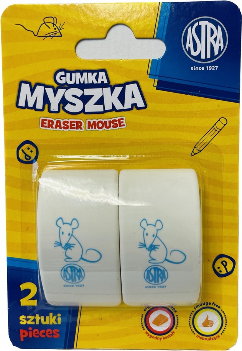 GUMKA MYSZKA ASTRA BLISTER 2szt., Gumki, Art. do pisania i korygowania