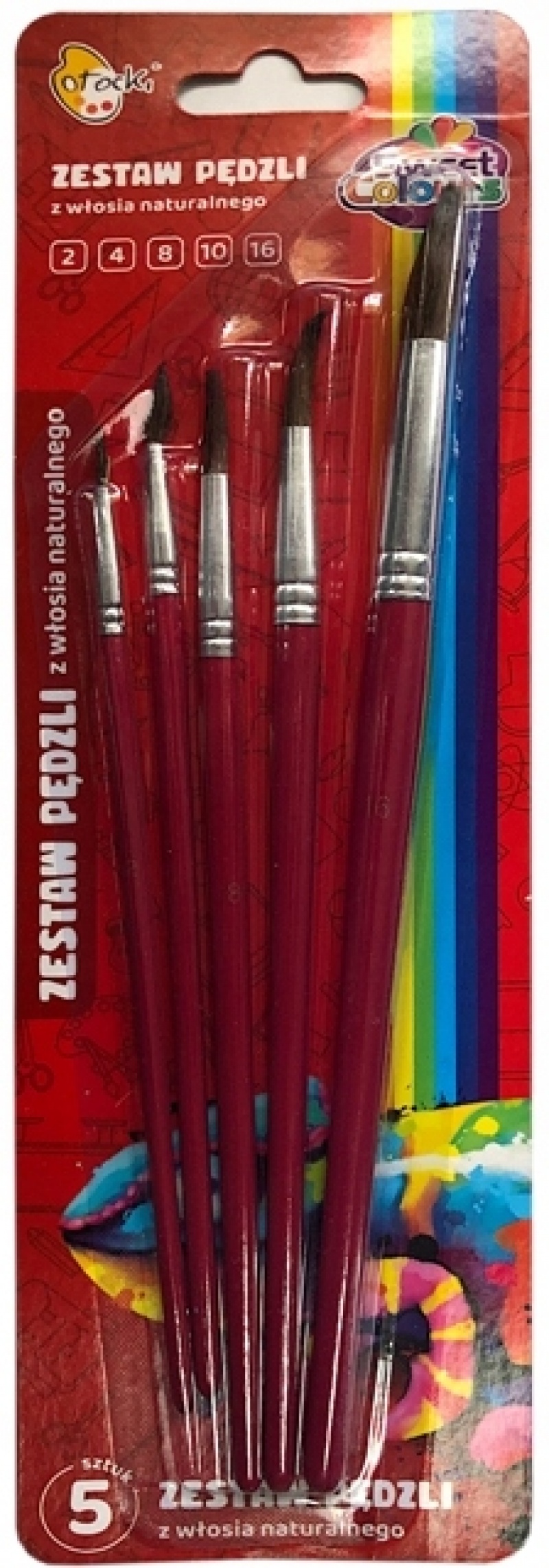 ZESTAW PĘDZLI Z WŁOSIA NAT. 5szt.NR 2,4,8,10,16, Pędzle, Plastyka