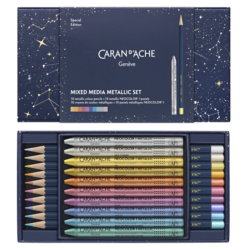 Crayons CARAN D'ACHE Cosmic Blue, in the box, 20 pcs, mix of metallic colors