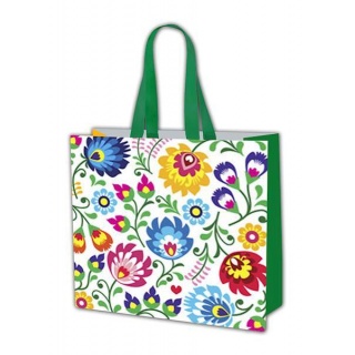 TORBA LAMINOWANA PP ETNO FOLKLOR BIAŁA 45x40x18, Torby ozdobne, Art. dekoracyjne i prezentowe