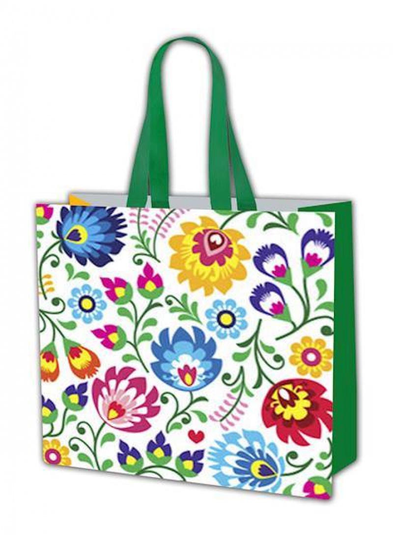 TORBA LAMINOWANA PP ETNO FOLKLOR BIAŁA 45x40x18, Torby ozdobne, Art. dekoracyjne i prezentowe