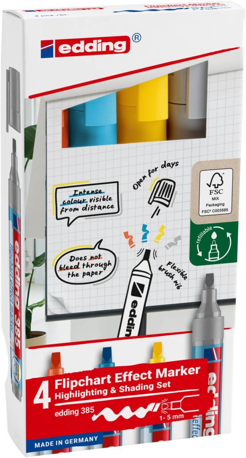 Marker do efektów na flipchartach e-385 EDDING, 4 szt., mix kolorów, Markery, Artykuły do pisania i korygowania
