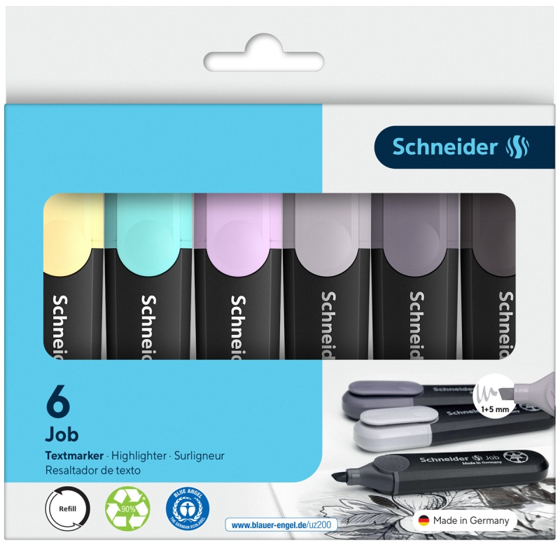 Zestaw zakreślaczy SCHNEIDER Job Pastel Grey, 1-5 mm, 6 szt., pudełko z zawieszką, mix kolor&oacute;w, Textmarkery, Artykuły do pisania i korygowania