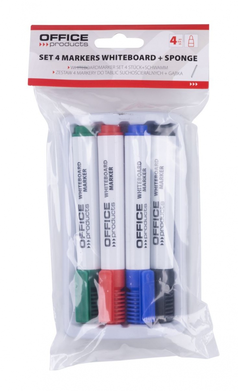 Zestaw 4 markerów z gąbką magnetyczną OFFICE PRODUCTS, do tablic suchościeralnych, mix kolorów, Markery, Artykuły do pisania i korygowania